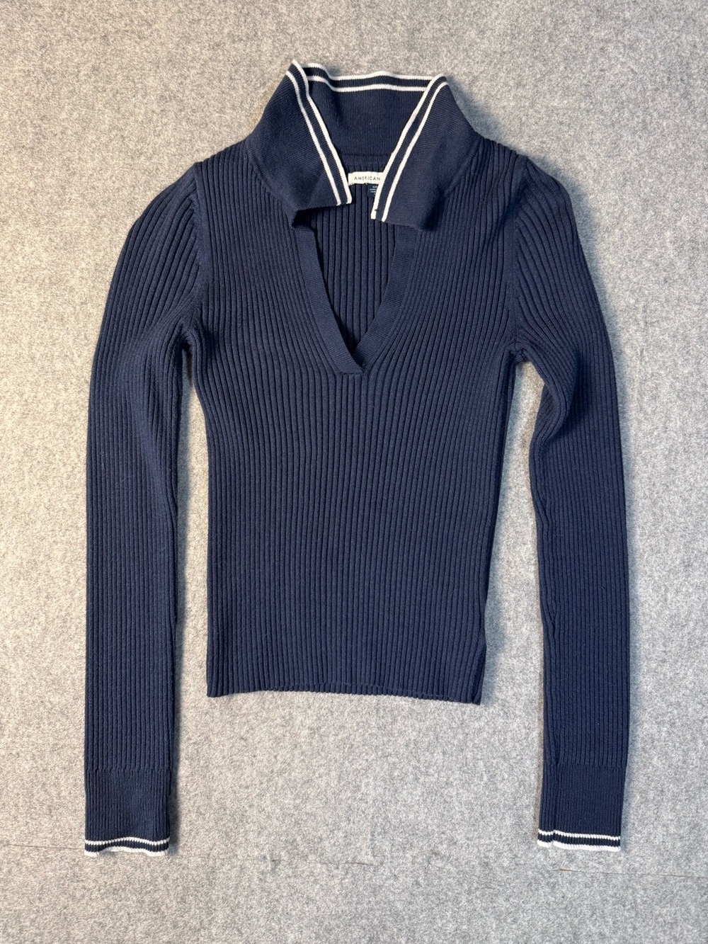 American Eagle Blue Ribbed V-Neck Collared Sweater Small⁠